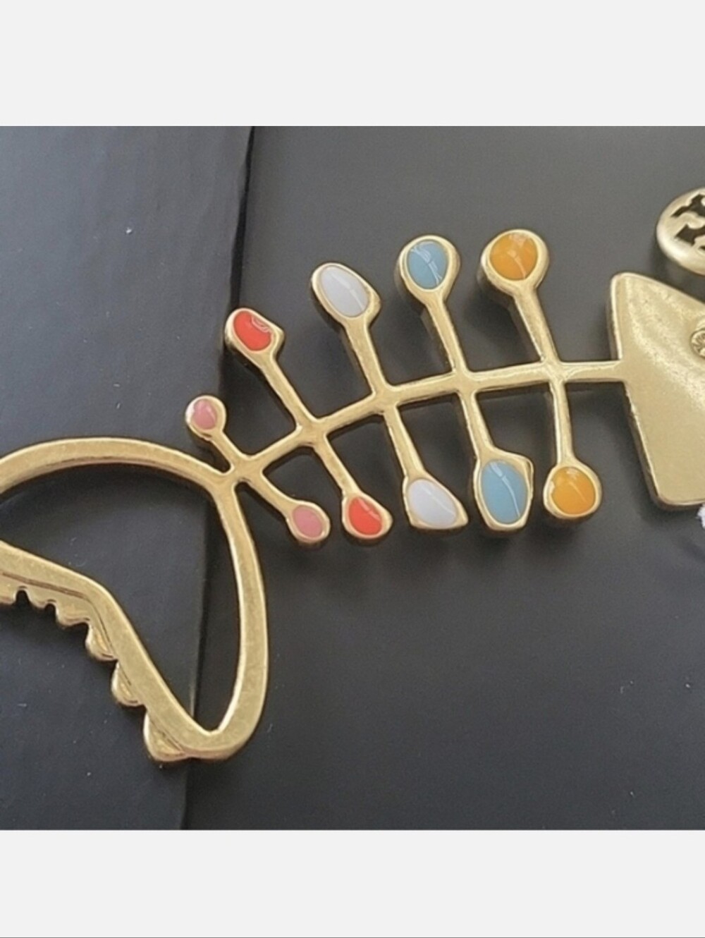 Tory Burch Gold Fishbone Enamel Keychain - Multicolor Accents - Picture 2 of 5